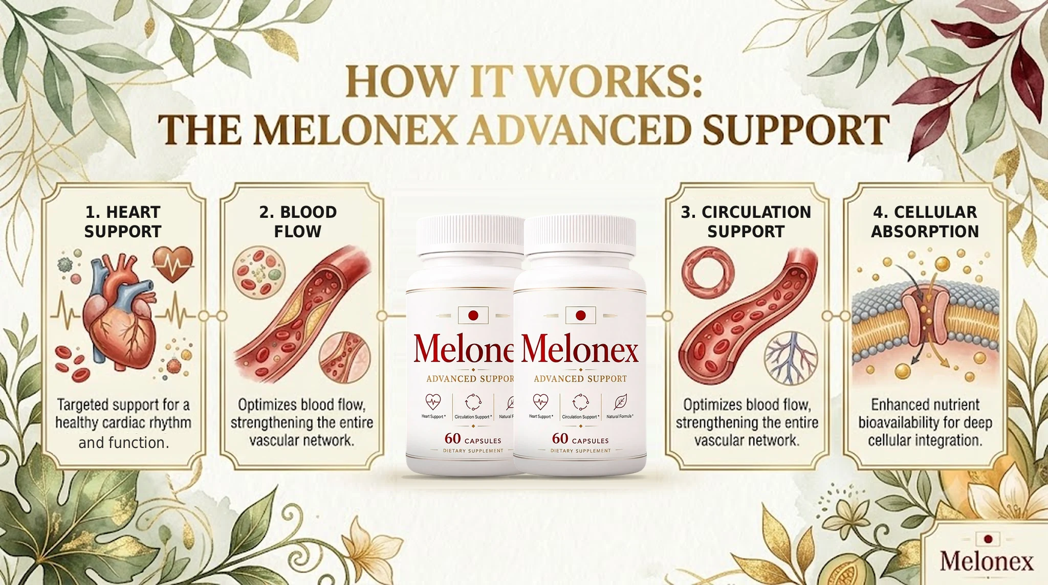 Brand graphic: how it works in four steps - heart support, blood flow, circulation support and cellular absorption